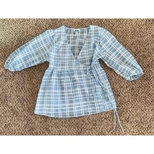 Future Collective women's blue/white plaid sheer‎ wrap blouse size medium